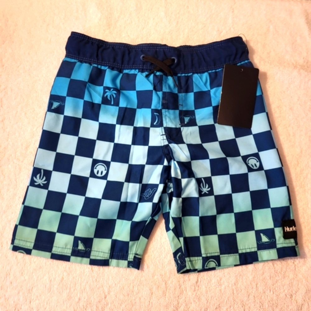 Hurley boys Nautical blue check checkers smile face shorts blue SIZE 4 Beach